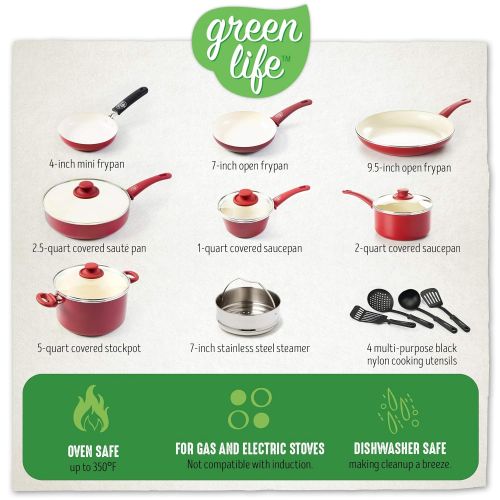  GreenLife Soft Grip 16pc Ceramic Non-Stick Cookware Set, Red