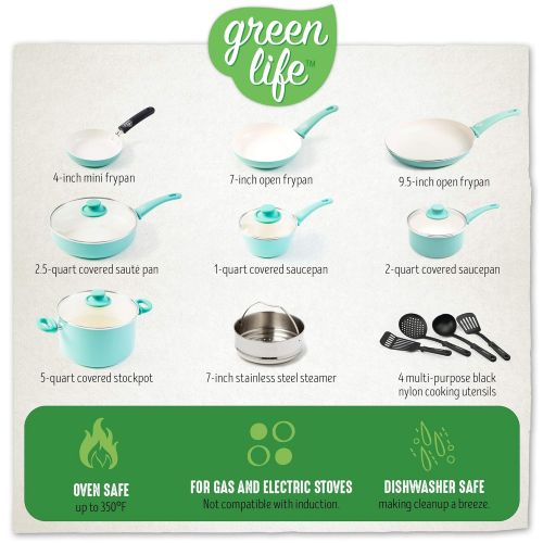  GreenLife Soft Grip 16pc Ceramic Non-Stick Cookware Set, Turquoise - CC001007-001