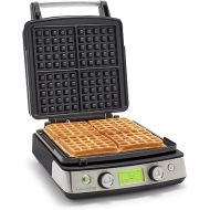 GreenPan Elite 4-Square Belgian & Classic Waffle Iron, Healthy Ceramic Nonstick Aluminum Dishwasher Safe Plates, Adjustable Shade/Crunch Control, Wont Overflow, Easy Cleanup Breakfast, PFAS-Free,Black