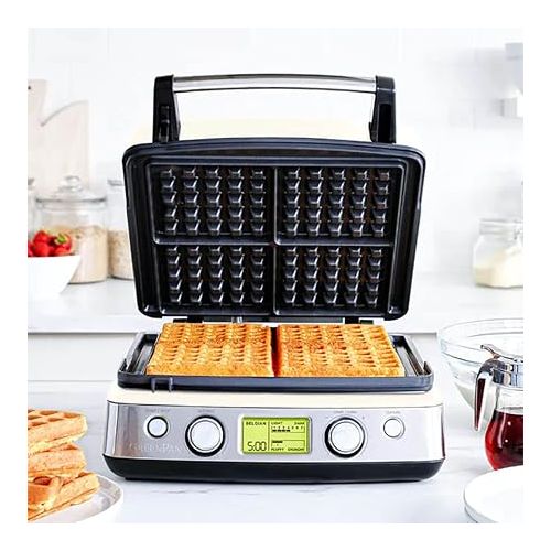  GreenPan Elite 4-Square Belgian & Classic Waffle Iron, Healthy Ceramic Nonstick Aluminum Dishwasher Safe Plates, Adjustable Shade/Crunch Control, Wont Overflow, Easy Cleanup Breakfast, PFAS-Free,Black