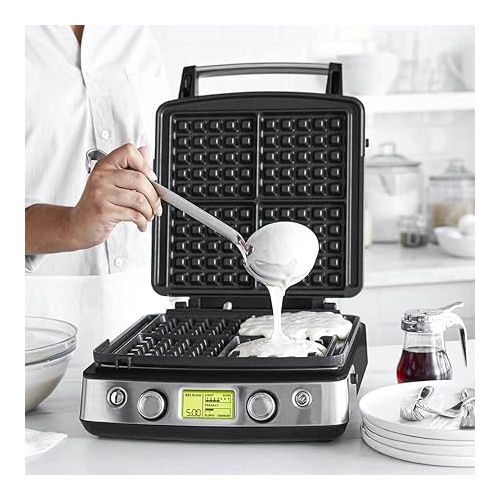  GreenPan Elite 4-Square Belgian & Classic Waffle Iron, Healthy Ceramic Nonstick Aluminum Dishwasher Safe Plates, Adjustable Shade/Crunch Control, Wont Overflow, Easy Cleanup Breakfast, PFAS-Free,Black