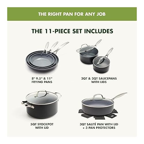  GreenPan Valencia Pro Hard Anodized Healthy Ceramic Nonstick 11 Piece Cookware Pots and Pans Set, PFAS-Free, Induction, Dishwasher Safe, Oven Safe, Gray