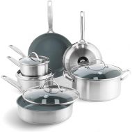 GreenPan Treviso Stainless Steel Healthy Ceramic Nonstick, 10 Piece Cookware Pots and Pans Set, PFAS-Free, Clad, Induction, Dishwasher Safe, Silver