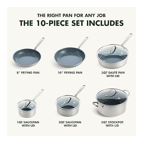  GreenPan Treviso Stainless Steel Healthy Ceramic Nonstick, 10 Piece Cookware Pots and Pans Set, PFAS-Free, Clad, Induction, Dishwasher Safe, Silver