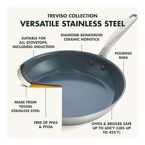  GreenPan Treviso Stainless Steel Healthy Ceramic Nonstick, 10 Piece Cookware Pots and Pans Set, PFAS-Free, Clad, Induction, Dishwasher Safe, Silver