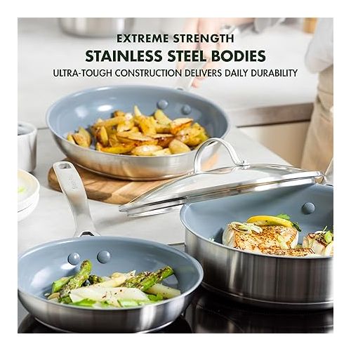  GreenPan Treviso Stainless Steel Healthy Ceramic Nonstick, 10 Piece Cookware Pots and Pans Set, PFAS-Free, Clad, Induction, Dishwasher Safe, Silver