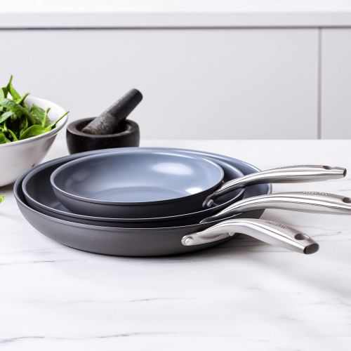  GreenPan Lima Hard Anodized Healthy Ceramic Nonstick 8 10 and 12 Frying Pan Skillet Set, PFAS-Free, Oven Safe, Gray