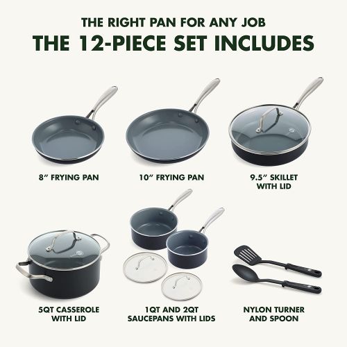  GreenPan Swift Healthy Ceramic Nonstick, 12 Piece Cookware Pots and Pans Set, Stainless Steel Handles, PFAS-Free, Dishwasher Safe, Oven Safe, Black