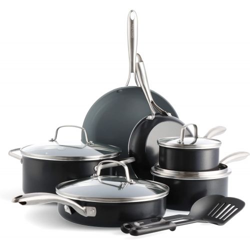  GreenPan Swift Healthy Ceramic Nonstick, 12 Piece Cookware Pots and Pans Set, Stainless Steel Handles, PFAS-Free, Dishwasher Safe, Oven Safe, Black