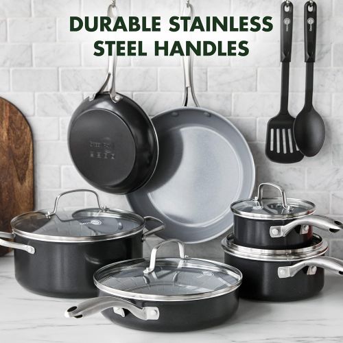  GreenPan Swift Healthy Ceramic Nonstick, 12 Piece Cookware Pots and Pans Set, Stainless Steel Handles, PFAS-Free, Dishwasher Safe, Oven Safe, Black