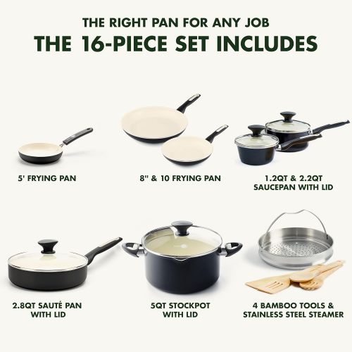  GreenPan Rio Healthy Ceramic Nonstick 16 Piece Cookware Pots and Pans Set, PFAS-Free, Dishwasher Safe, Black