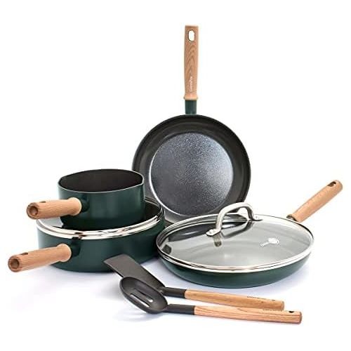  GreenPan Hudson Healthy Ceramic Nonstick, 8 Piece Cookware Pots and Pans Set, Wood Inspired Handle, PFAS-Free, Dishwasher Safe, Forest Green