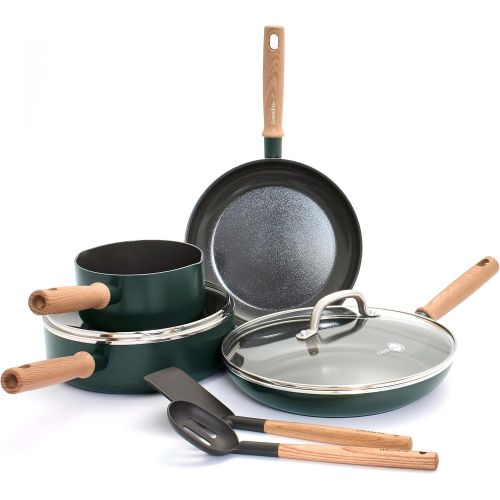  GreenPan Hudson Healthy Ceramic Nonstick, 8 Piece Cookware Pots and Pans Set, Wood Inspired Handle, PFAS-Free, Dishwasher Safe, Forest Green