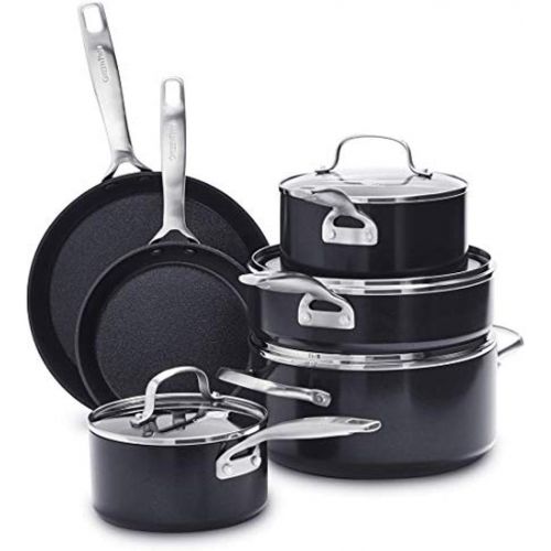  GreenPan SearSmart Hard Anodized Healthy Ceramic Nonstick 10 Piece Cookware Pots and Pans Set, PFAS-Free, Textured Surface, Dishwasher Safe, Oven Safe, Black