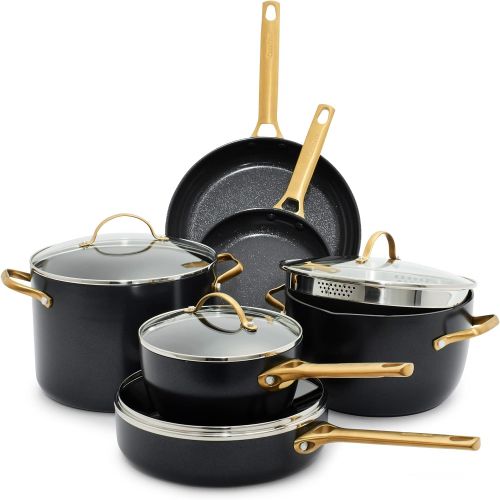  GreenPan Reserve Hard Anodized Healthy Ceramic Nonstick 10 Piece Cookware Pots and Pans Set, Gold Handle, PFAS-Free, Dishwasher Safe, Oven Safe, Black