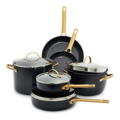  GreenPan Reserve Hard Anodized Healthy Ceramic Nonstick 10 Piece Cookware Pots and Pans Set, Gold Handle, PFAS-Free, Dishwasher Safe, Oven Safe, Black