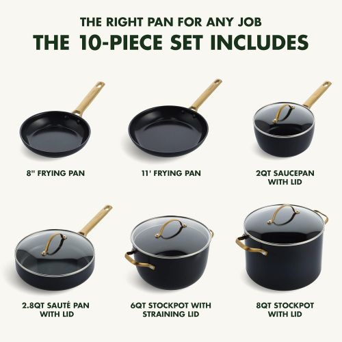  GreenPan Reserve Hard Anodized Healthy Ceramic Nonstick 10 Piece Cookware Pots and Pans Set, Gold Handle, PFAS-Free, Dishwasher Safe, Oven Safe, Black