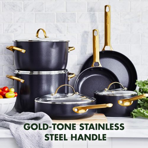  GreenPan Reserve Hard Anodized Healthy Ceramic Nonstick 10 Piece Cookware Pots and Pans Set, Gold Handle, PFAS-Free, Dishwasher Safe, Oven Safe, Black