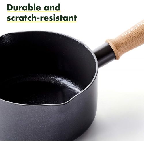  GreenPan Hudson Healthy Ceramic Nonstick, 1.75QT Saucepan Pot, Wood Inspired Handle, PFAS-Free, Dishwasher Safe, Black