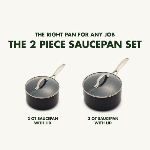  GreenPan Valencia Pro Hard Anodized Healthy Ceramic Nonstick 2QT and 3QT Saucepan Pot Set with Lids, PFAS-Free, Induction, Dishwasher Safe, Oven Safe, Gray