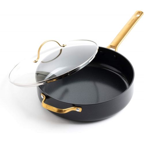  GreenPan Reserve Hard Anodized Healthy Ceramic Nonstick 4.5QT Saute Pan Jumbo Cooker with Helper Handle and Lid, Gold Handle, PFAS-Free, Dishwasher Safe, Oven Safe, Black