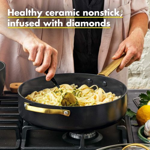  GreenPan Reserve Hard Anodized Healthy Ceramic Nonstick 4.5QT Saute Pan Jumbo Cooker with Helper Handle and Lid, Gold Handle, PFAS-Free, Dishwasher Safe, Oven Safe, Black