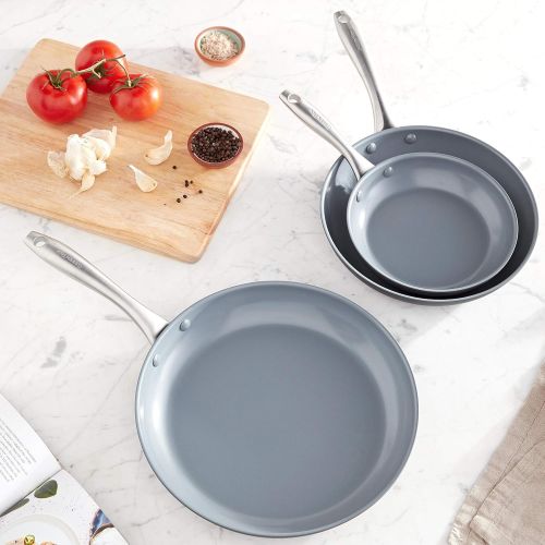  GreenPan Lima Hard Anodized Healthy Ceramic Nonstick 8 10 and 12 Frying Pan Skillet Set, PFAS-Free, Oven Safe, Gray