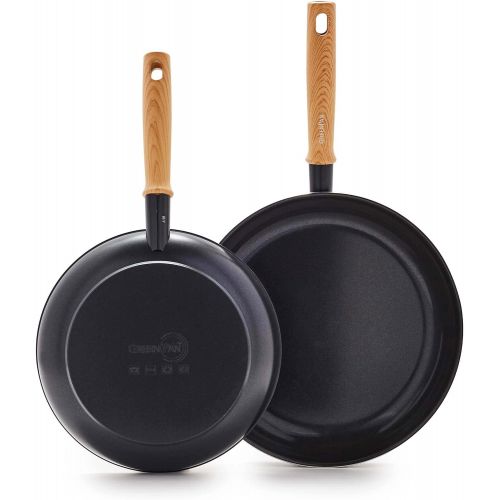  GreenPan Hudson Healthy Ceramic Nonstick, 9.5 and 11 Frying Pan Skillet Set, Wood Inspired Handle, PFAS-Free, Dishwasher Safe, Black