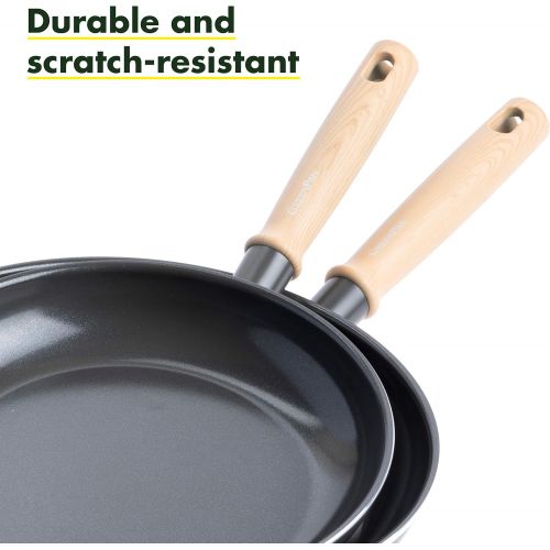  GreenPan Hudson Healthy Ceramic Nonstick, 9.5 and 11 Frying Pan Skillet Set, Wood Inspired Handle, PFAS-Free, Dishwasher Safe, Black