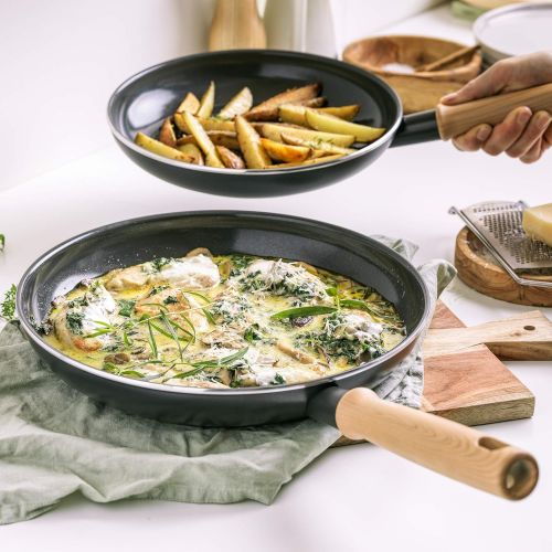  GreenPan Hudson Healthy Ceramic Nonstick, 9.5 and 11 Frying Pan Skillet Set, Wood Inspired Handle, PFAS-Free, Dishwasher Safe, Black