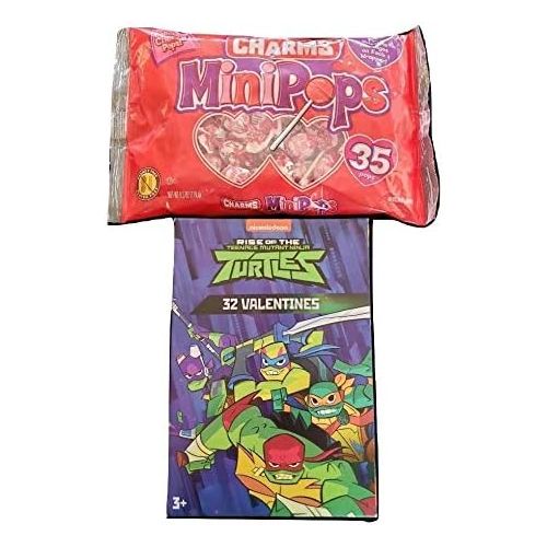  Greenbrier International Valentines Day Classroom Exchange Gift Set***Ninja Turtle Valentines Cards, 32 Valentine Cards***Featuring An Assortment of 8 Fun Design WITH a (35ct) Bag of Charms Lollipops