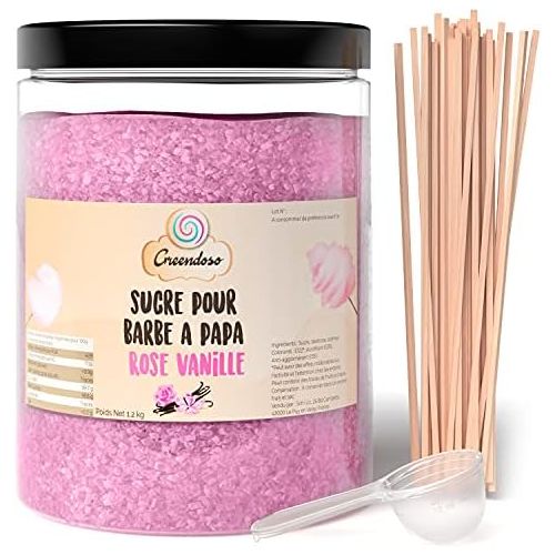  [아마존베스트]Greendoso - Candy Floss Sugar, Flavoured Sugar 1 kg Raspberry for Candy Floss Machine + 50 Sticks (30 cm) + 1 Measuring Spoon