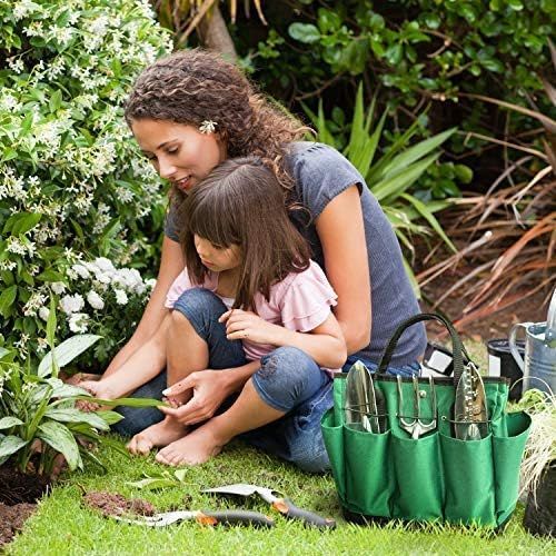  Greenery-GRE 8 Pockets Gardening Tote Garden Tool Bags, Durable Heavy Duty 600D Oxford Tool Set Storage Bag Portable Large Picnic Basket Lawn Yard Bag Home Organizer with 2 Handles & Side Pocke