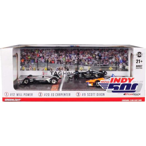  Greenlight 10828 1: 64 2018 Indianapolis 500 Podium 3 Car Set #12 Will Power/Penske, 20 Ed Carpenter/Racing, 9 Scott Dixon/Ganassi, Multi
