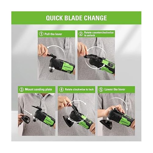  Greenworks 24V Cordless Multi-Tool, Oscillating Tool for Cutting/Nailing/Scraping/Sanding with 6 Variable Speed Control, With 13 Accessories, Battery and Charger Sold Separately