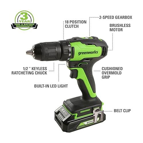  Greenworks 24V Brushless Cordless 1/2-Inch Drill / Driver, (2) 1.5Ah USB Batteries (USB Hub) and Charger Included DD24L1520