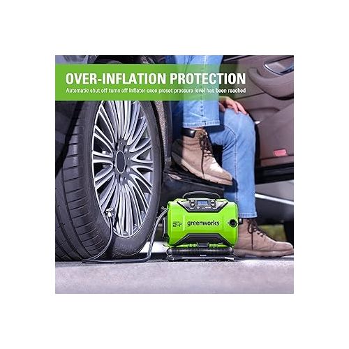  Greenworks 24V Cordless Tire Inflator, 160 PSI Portable Air Compressor, 2 Power Sources, Auto Shut Off, for Car, Bicycle, Motorcycle, Air Boat, Inflatables With 2.0 Ah Battery & 2A Charger