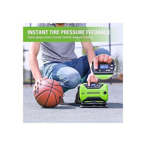  Greenworks 24V Cordless Tire Inflator, 160 PSI Portable Air Compressor, 2 Power Sources, Auto Shut Off, for Car, Bicycle, Motorcycle, Air Boat, Inflatables With 2.0 Ah Battery & 2A Charger