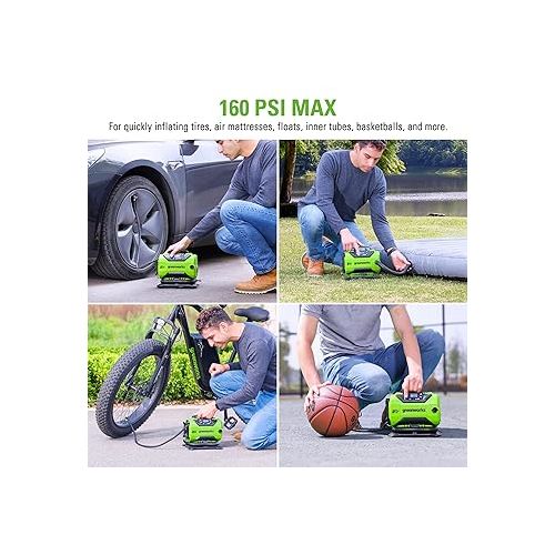  Greenworks 24V Cordless Tire Inflator, 160 PSI Portable Air Compressor, 2 Power Sources, Auto Shut Off, for Car, Bicycle, Motorcycle, Air Boat, Inflatables With 2.0 Ah Battery & 2A Charger