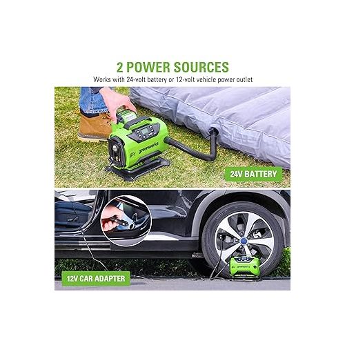  Greenworks 24V Cordless Tire Inflator, 160 PSI Portable Air Compressor, 2 Power Sources, Auto Shut Off, for Car, Bicycle, Motorcycle, Air Boat, Inflatables With 2.0 Ah Battery & 2A Charger