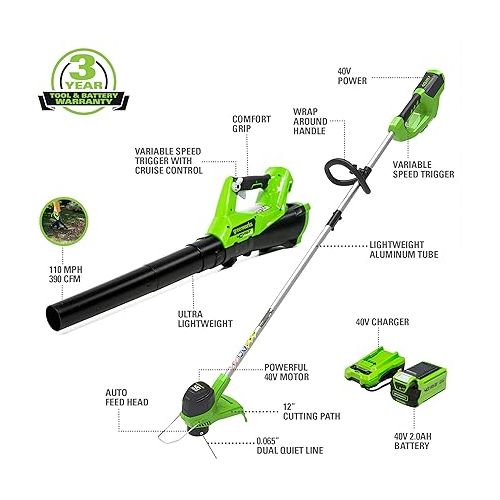  Greenworks 40V Cordless String Trimmer and Leaf Blower Combo Kit, 2.0Ah Battery and Charger Included
