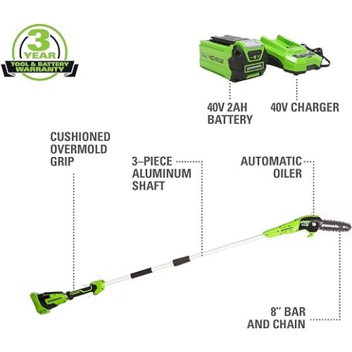  Greenworks 40V 8-Inch Cordless Polesaw, 2.0Ah Battery and Charger Included PS40B210
