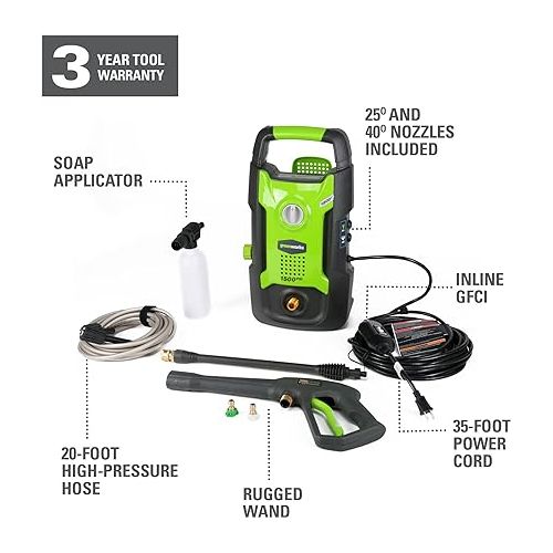  Greenworks 1500 PSI 1.2 GPM Pressure Washer (Upright Hand-Carry) PWMA Certified