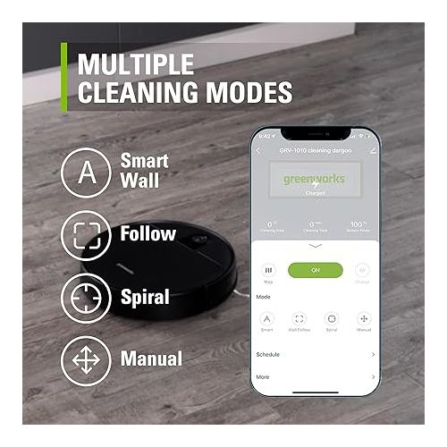  Greenworks Robotic Vacuum GRV-1010 Self-Charging, Wi-Fi Connectivity, 2200Pa Extreme Suction Power, Perfect for Pet Hair, Hard Floors, Carpets, Works with Alexa