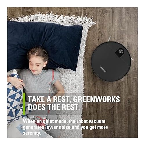  Greenworks Robotic Vacuum GRV-1010 Self-Charging, Wi-Fi Connectivity, 2200Pa Extreme Suction Power, Perfect for Pet Hair, Hard Floors, Carpets, Works with Alexa