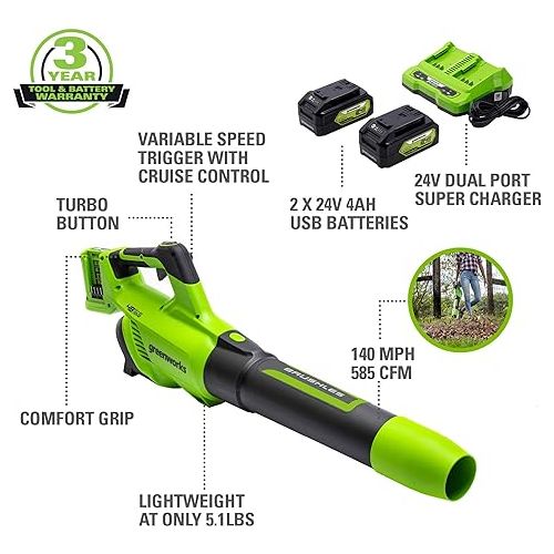  Greenworks 48V (2 x 24V) Cordless Brushless Axial Leaf Blower (140 MPH / 585 CFM / 125+ Compatible Tools), (2) 4.0Ah Batteries and Dual Port Rapid Charger Included