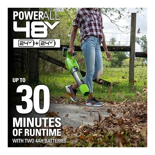  Greenworks 48V (2 x 24V) Cordless Brushless Axial Leaf Blower (140 MPH / 585 CFM / 125+ Compatible Tools), (2) 4.0Ah Batteries and Dual Port Rapid Charger Included