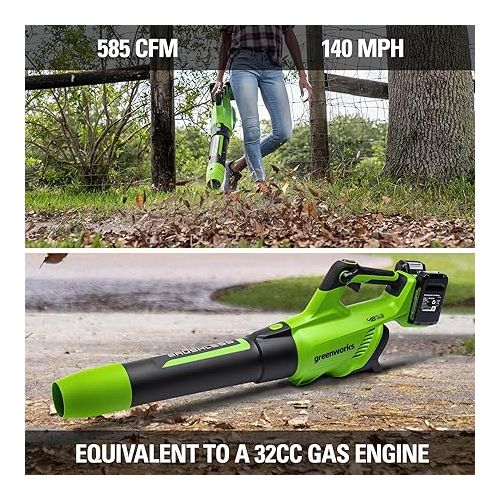  Greenworks 48V (2 x 24V) Cordless Brushless Axial Leaf Blower (140 MPH / 585 CFM / 125+ Compatible Tools), (2) 4.0Ah Batteries and Dual Port Rapid Charger Included