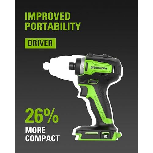  Greenworks 24V Brushless Cordless Drill Impact Driver Combo kit, 1/2”Drill & 1/4”Hex Impact Driver Power Tool Kit, Included 2 Batteries, 1 Charger, 8 pcs Bit Set & Bag, Green