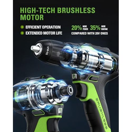  Greenworks 24V Brushless Cordless Drill Impact Driver Combo kit, 1/2”Drill & 1/4”Hex Impact Driver Power Tool Kit, Included 2 Batteries, 1 Charger, 8 pcs Bit Set & Bag, Green